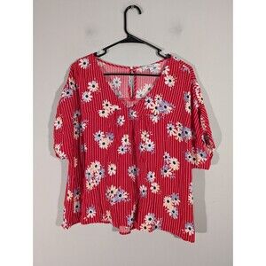 Madewell top Women Sz M Rhyme Red Floral Stripe Daisy Society V-Neck Blouse